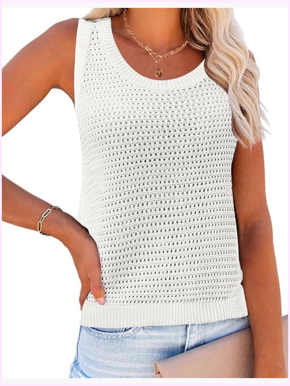 Crochet Sleeveless Sweater Vest Crew Neck Hollow Out Knit Tank Top Bohemian
